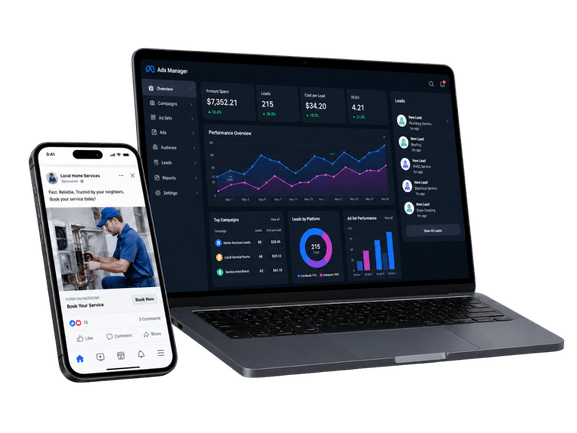 Modern tech ad dashboard and mobile mockup